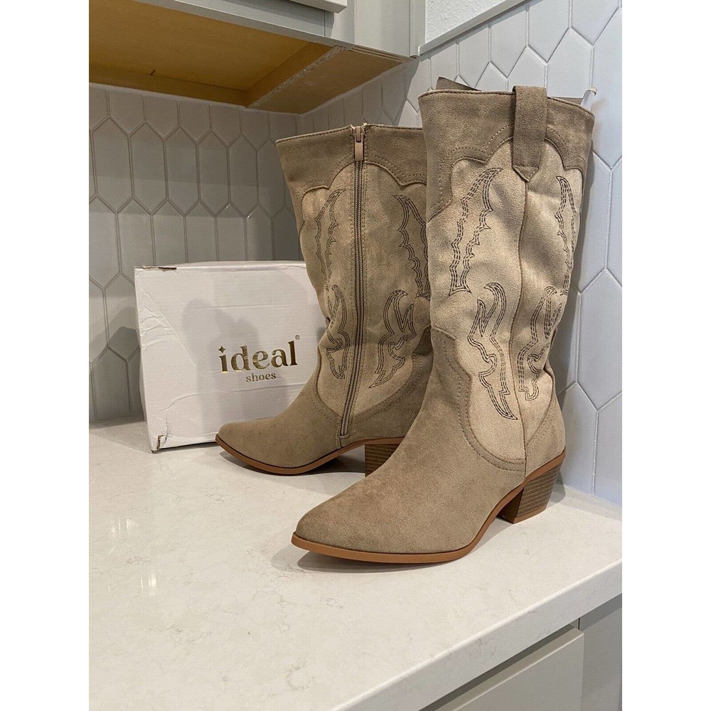 Ideal Shoes Western Cowgirl / Western Boots Beige Size US 7.5 - Brand New